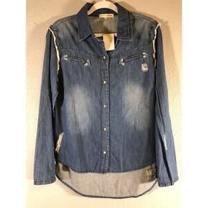 New Angel + Premium Womens Top S Long Sleeve Button Down Blue Denim Shirt Blouse